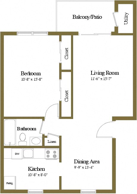 Floor plan for 1 bed, 1 bath, 722 sqft